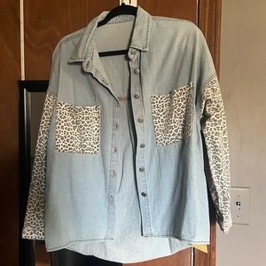 Denim Jacket with Cheetah Print Detail